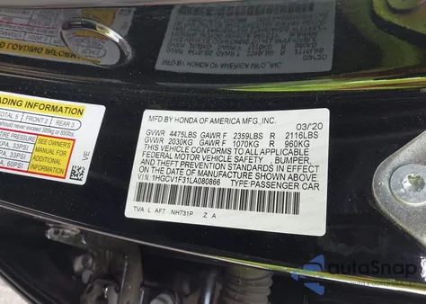 2020 Honda Accord Sport из США, поврежденный, VIN 1HGCV1F31LA080866